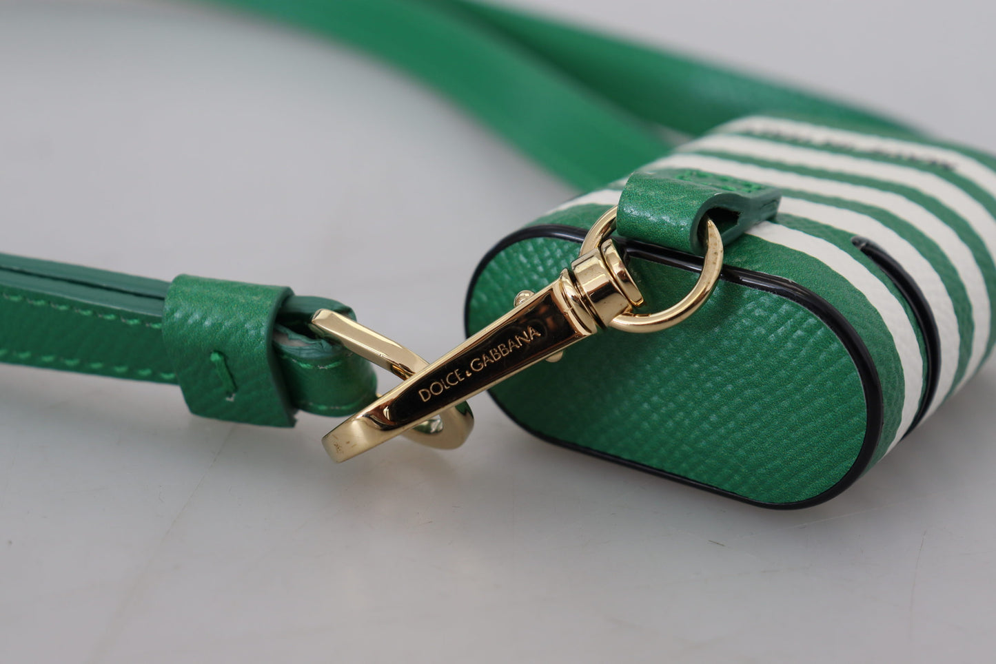 Dolce & Gabbana Green Leather Strap Gold Metal Logo Airpods Case Curated Luxury Accessories by Orvyn
