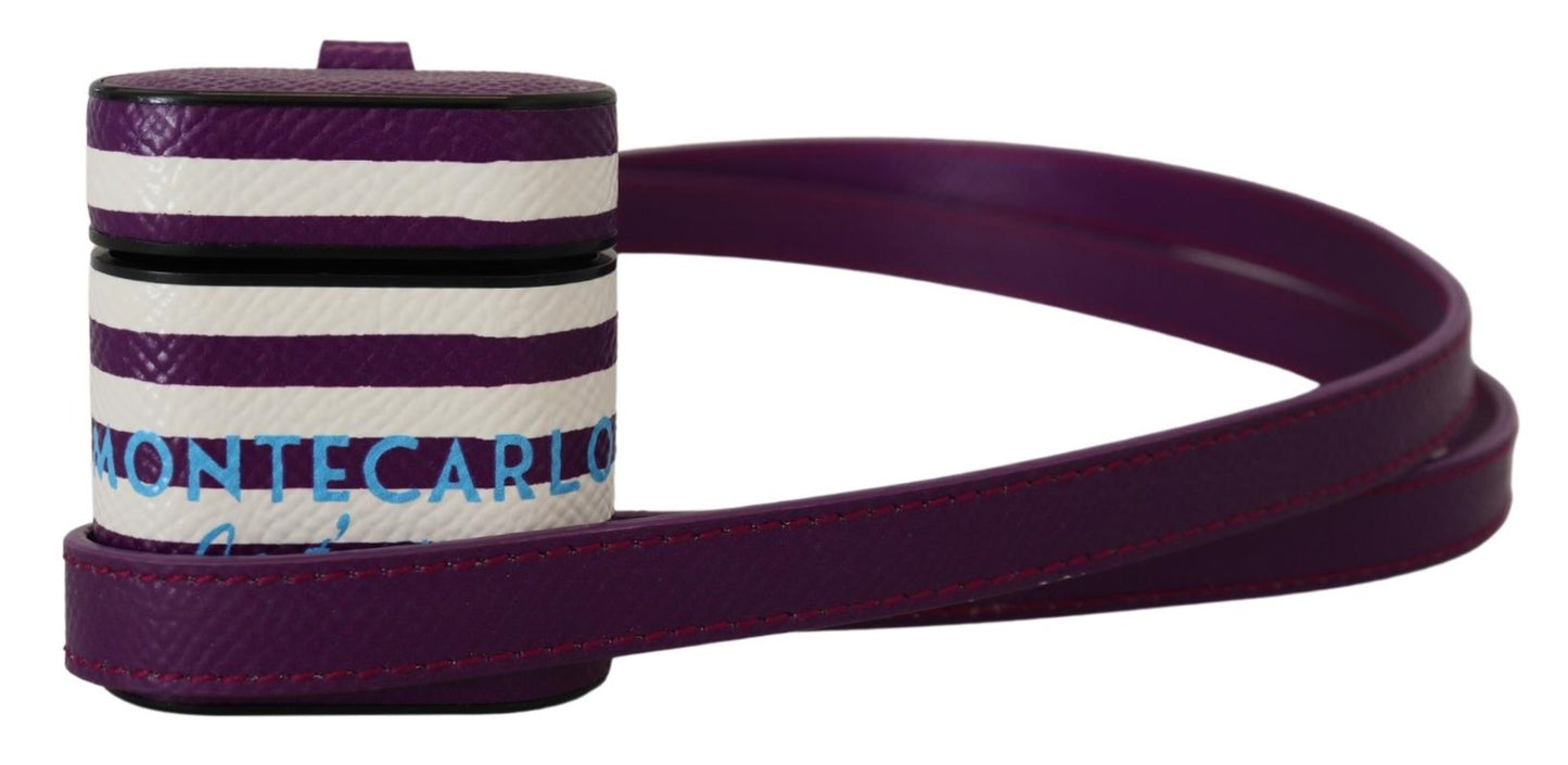 Dolce & Gabbana Purple Leather Strap Gold Metal Logo Airpods Case Curated Luxury Accessories by Orvyn