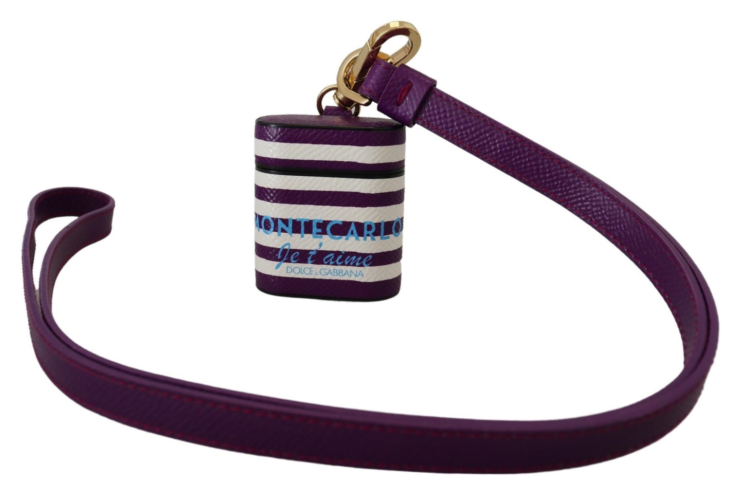 Dolce & Gabbana Purple Leather Strap Gold Metal Logo Airpods Case Curated Luxury Accessories by Orvyn