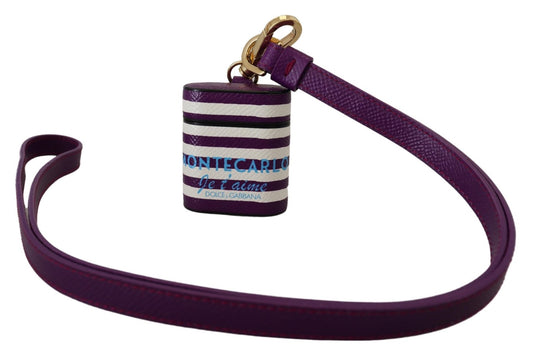 Dolce & Gabbana Purple Leather Strap Gold Metal Logo Airpods Case Curated Luxury Accessories by Orvyn