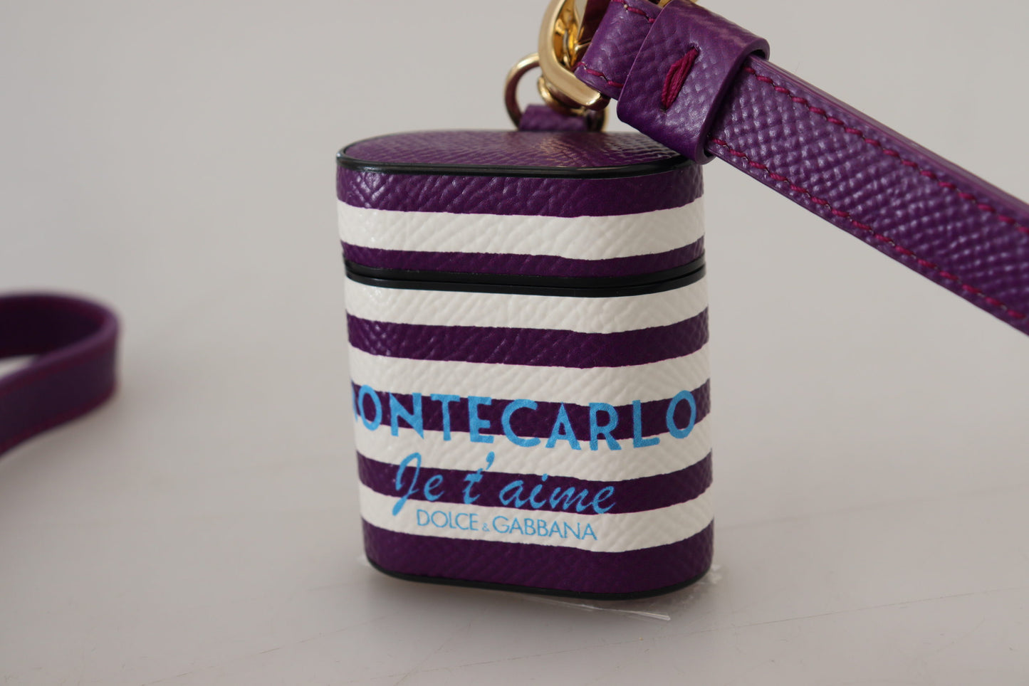 Dolce & Gabbana Purple Leather Strap Gold Metal Logo Airpods Case Curated Luxury Accessories by Orvyn