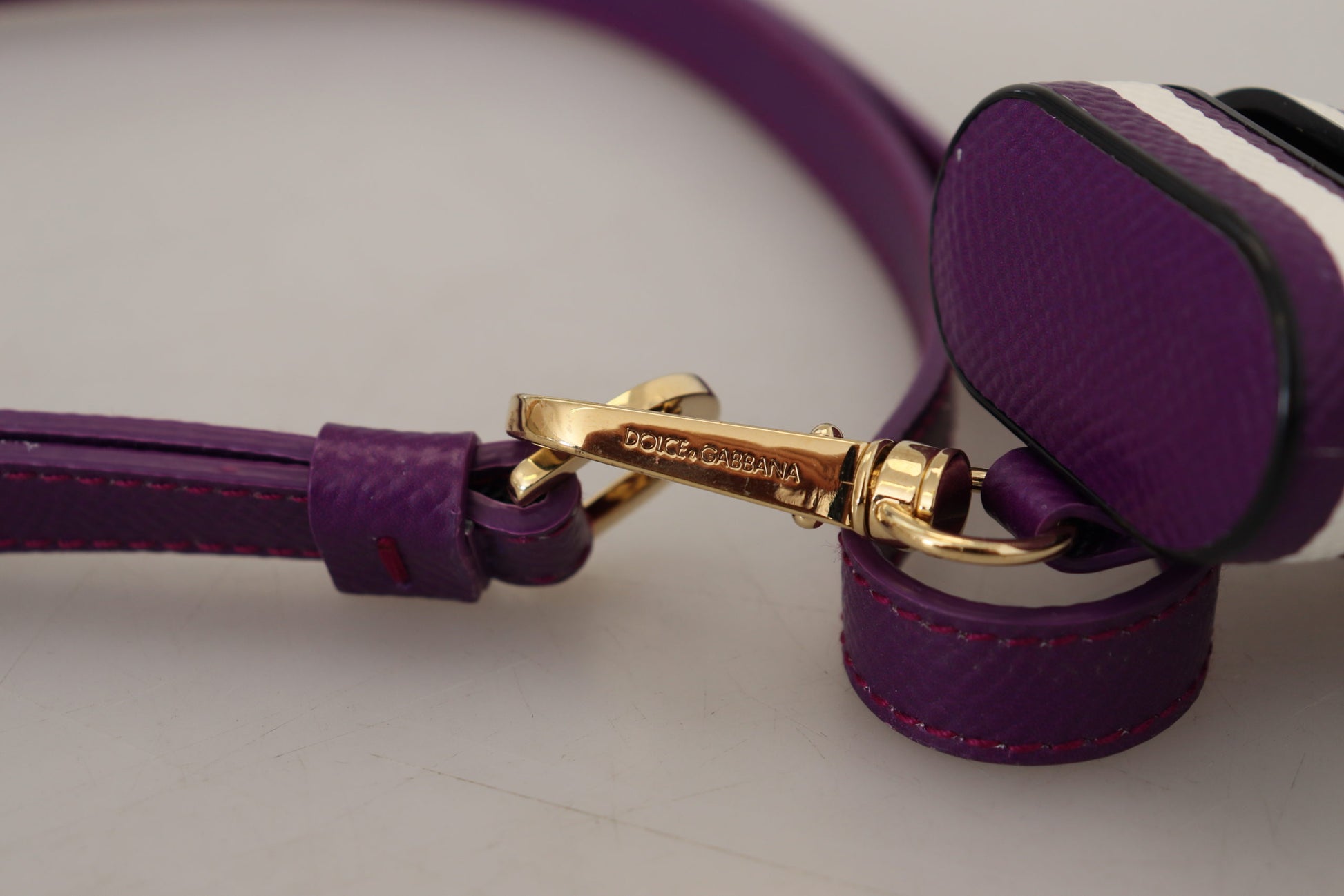 Dolce & Gabbana Purple Leather Strap Gold Metal Logo Airpods Case Curated Luxury Accessories by Orvyn