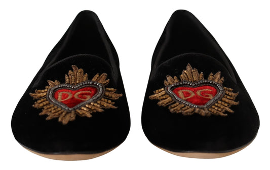Dolce & Gabbana Black DG Sacred Heart Patch Slip On Flat Shoes Curated Luxury Accessories by Orvyn
