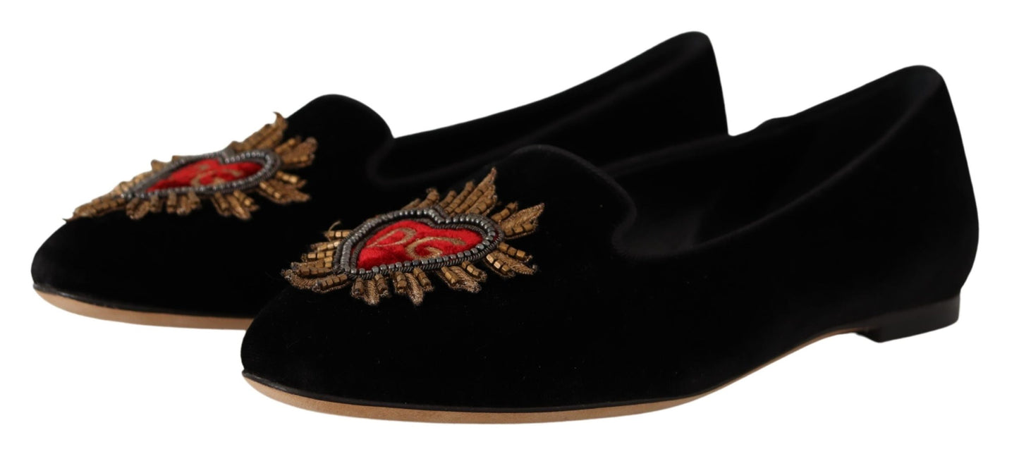 Dolce & Gabbana Black DG Sacred Heart Patch Slip On Flat Shoes Curated Luxury Accessories by Orvyn