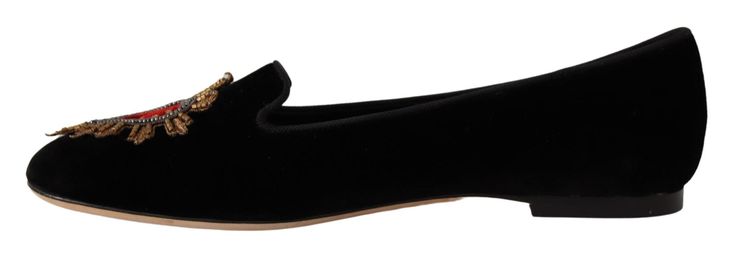 Dolce & Gabbana Black DG Sacred Heart Patch Slip On Flat Shoes Curated Luxury Accessories by Orvyn
