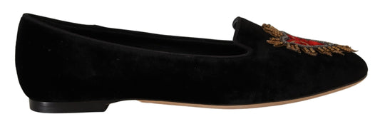 Dolce & Gabbana Black DG Sacred Heart Patch Slip On Flat Shoes Curated Luxury Accessories by Orvyn