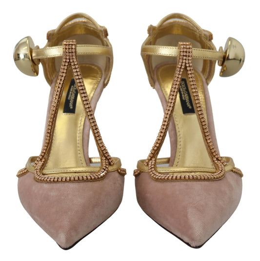 Dolce & Gabbana Pink Crystal T-strap Heels Pumps Shoes rosa