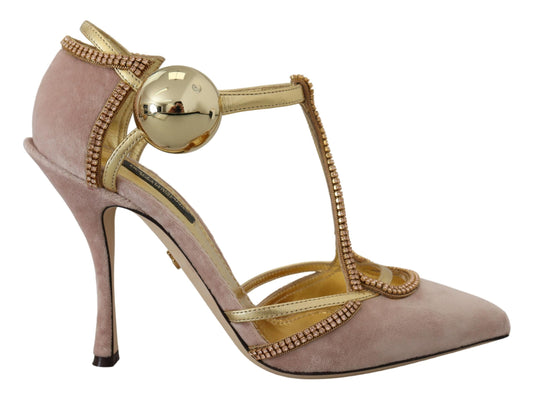 Dolce & Gabbana Pink Crystal T-strap Heels Pumps Shoes rosa