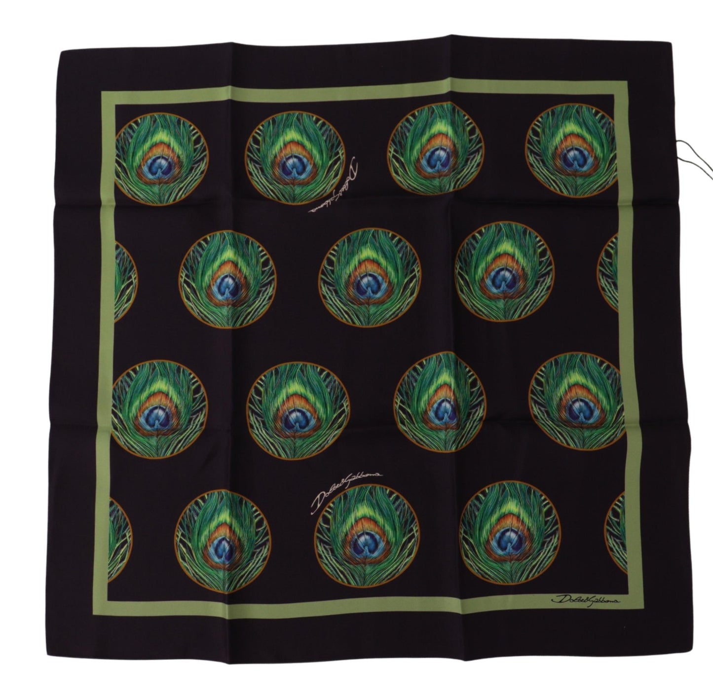 Dolce & Gabbana Black Peacock Feather DG Printed Square Handkerchief Scarf Curated Luxury Accessories by Orvyn