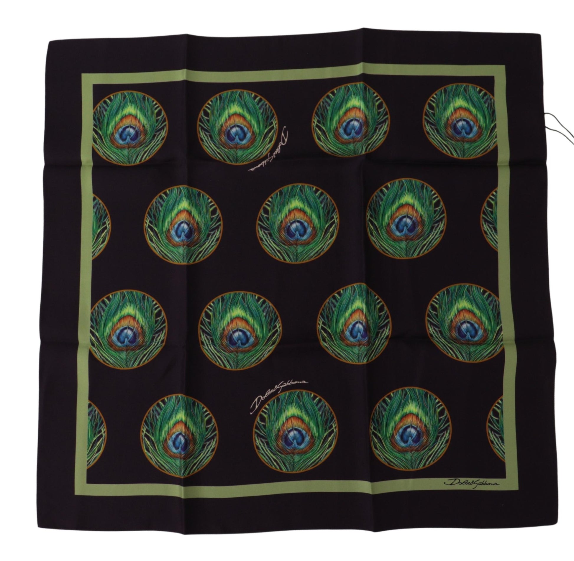 Dolce & Gabbana Black Peacock Feather DG Printed Square Handkerchief Scarf Curated Luxury Accessories by Orvyn