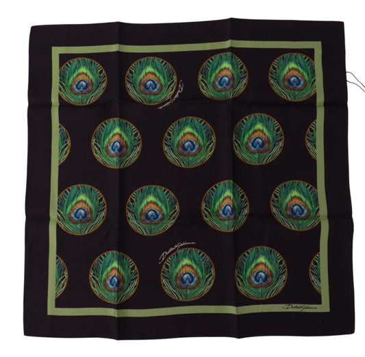 Dolce & Gabbana Black Peacock Feather DG Printed Square Handkerchief Scarf Curated Luxury Accessories by Orvyn