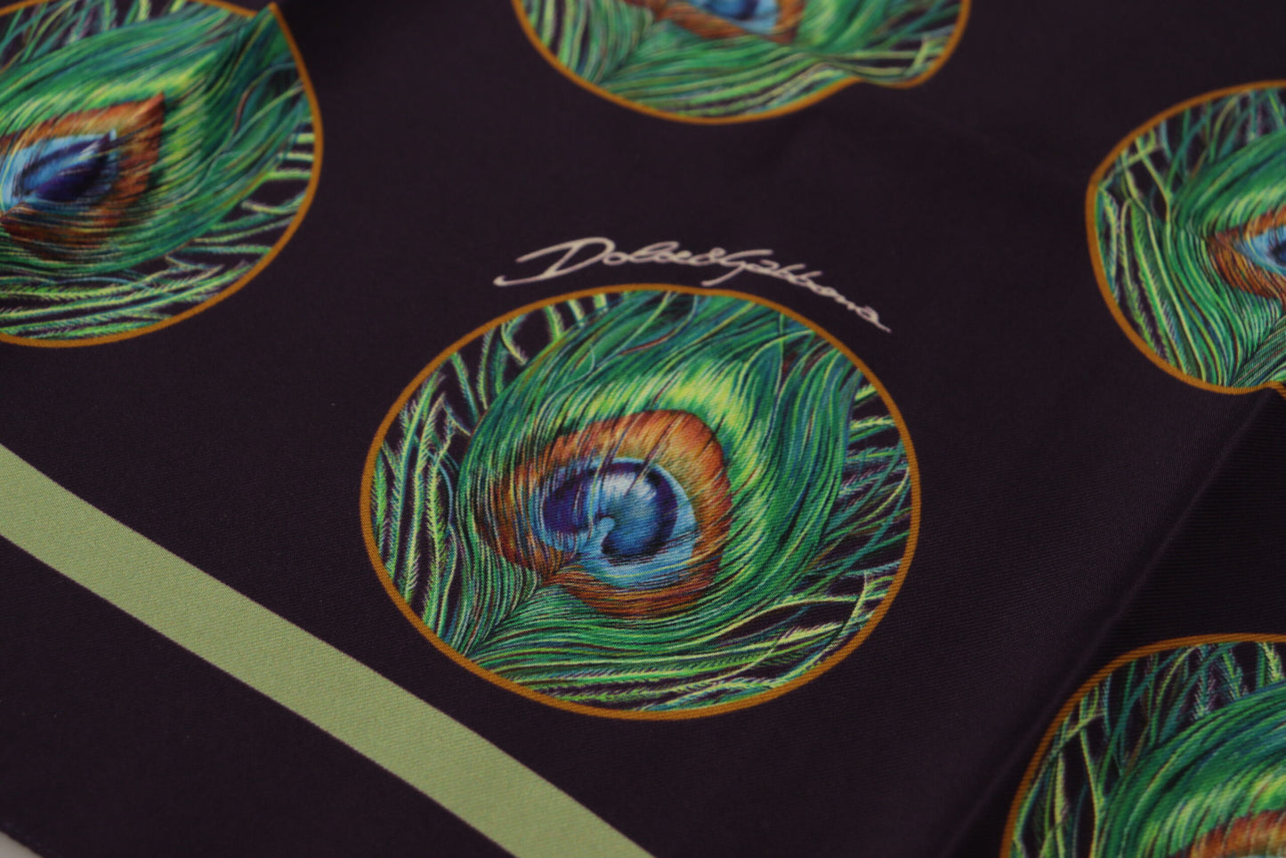 Dolce & Gabbana Black Peacock Feather DG Printed Square Handkerchief Scarf Curated Luxury Accessories by Orvyn