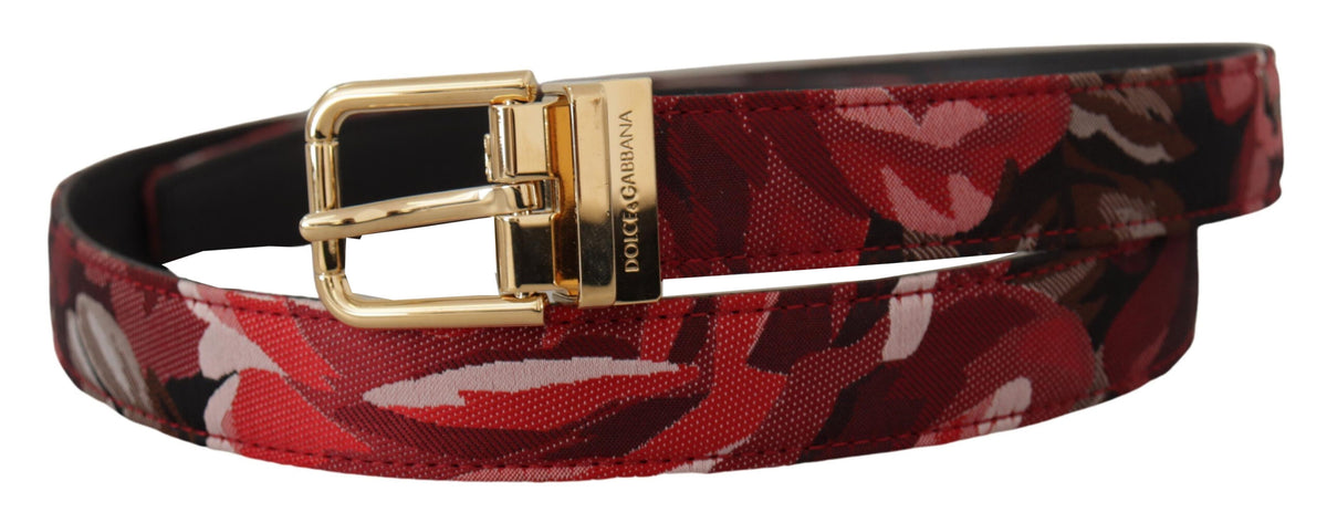 Dolce & Gabbana Red Jacquard Rose Leather Gold Metal Buckle Belt rot