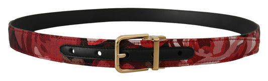 Dolce & Gabbana Red Jacquard Rose Leather Gold Metal Buckle Belt rot