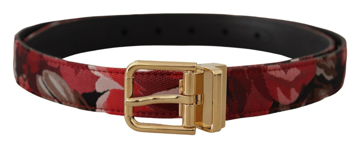 Dolce & Gabbana Red Jacquard Rose Leather Gold Metal Buckle Belt rot