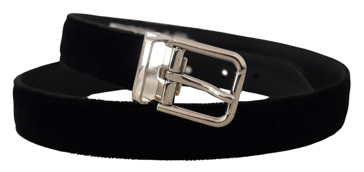 Dolce & Gabbana Black Velvet Silver Tone Metal Logo Buckle Belt schwarz