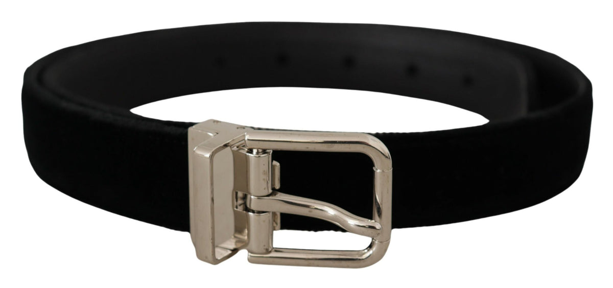 Dolce & Gabbana Black Velvet Silver Tone Metal Logo Buckle Belt schwarz