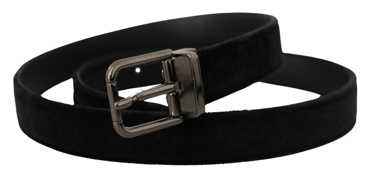 Dolce & Gabbana Black Velvet Silver Tone Logo Metal Buckle Belt schwarz