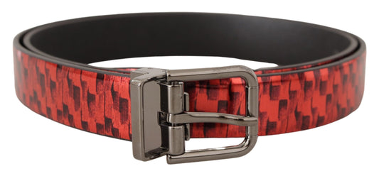 Dolce & Gabbana Red Herringbone Leather Gray Tone Buckle Belt grau