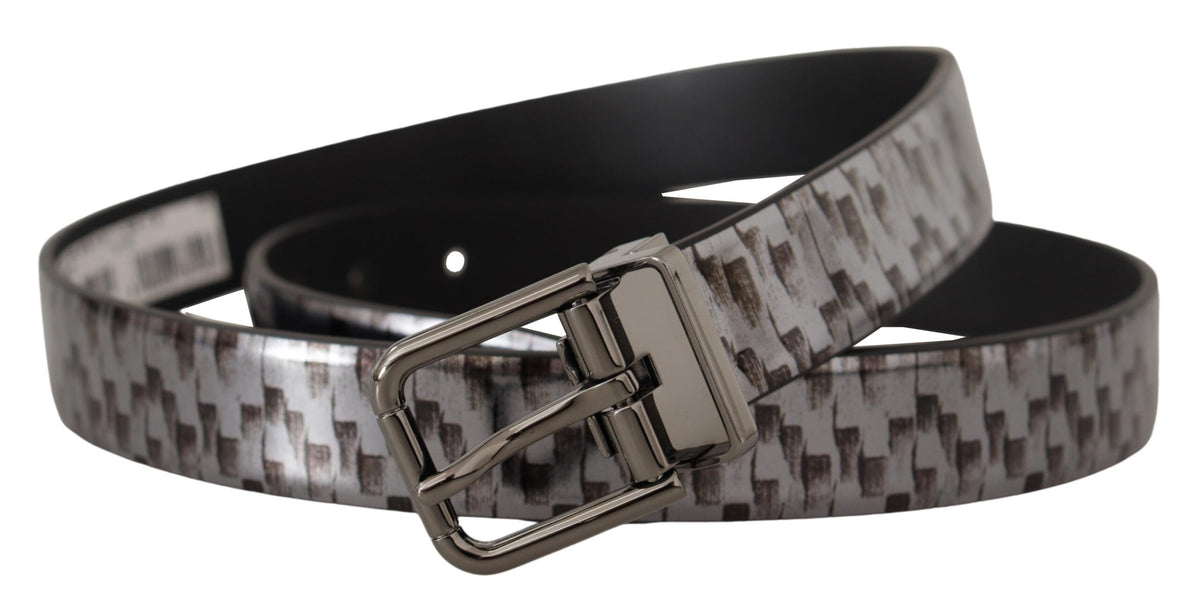 Dolce & Gabbana Gray Herringbone Leather 3D Metal Buckle Belt grau