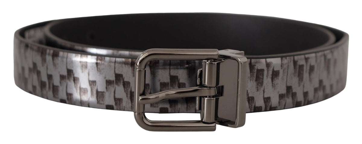 Dolce & Gabbana Gray Herringbone Leather 3D Metal Buckle Belt grau