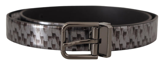 Dolce & Gabbana Gray Herringbone Leather 3D Metal Buckle Belt grau