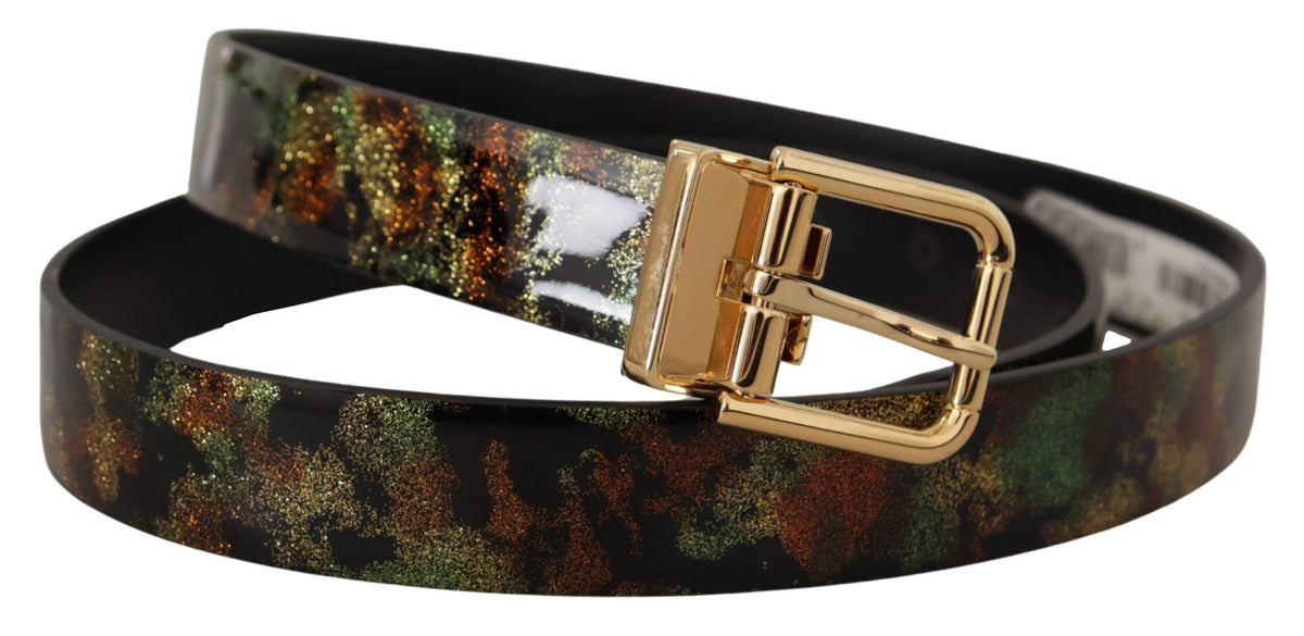Dolce & Gabbana Black Green Leather Bronze Metal Buckle Belt schwarz