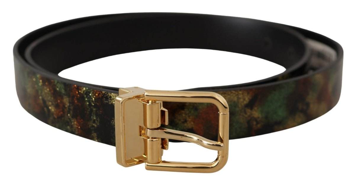 Dolce & Gabbana Black Green Leather Bronze Metal Buckle Belt schwarz