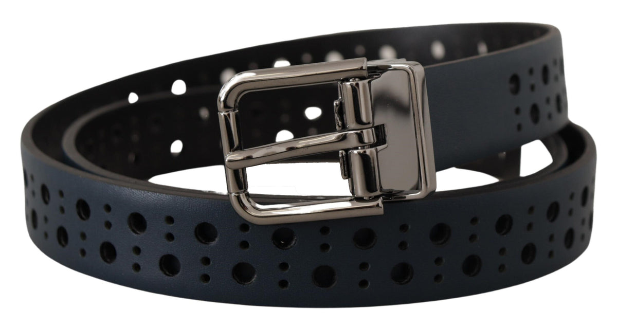 Dolce & Gabbana Navy Blue Perforated Leather Skinny Metal Buckle Belt marineblau