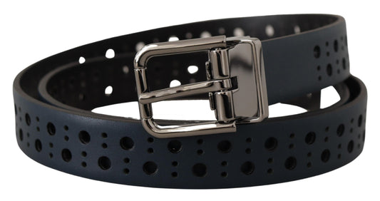 Dolce & Gabbana Navy Blue Perforated Leather Skinny Metal Buckle Belt marineblau