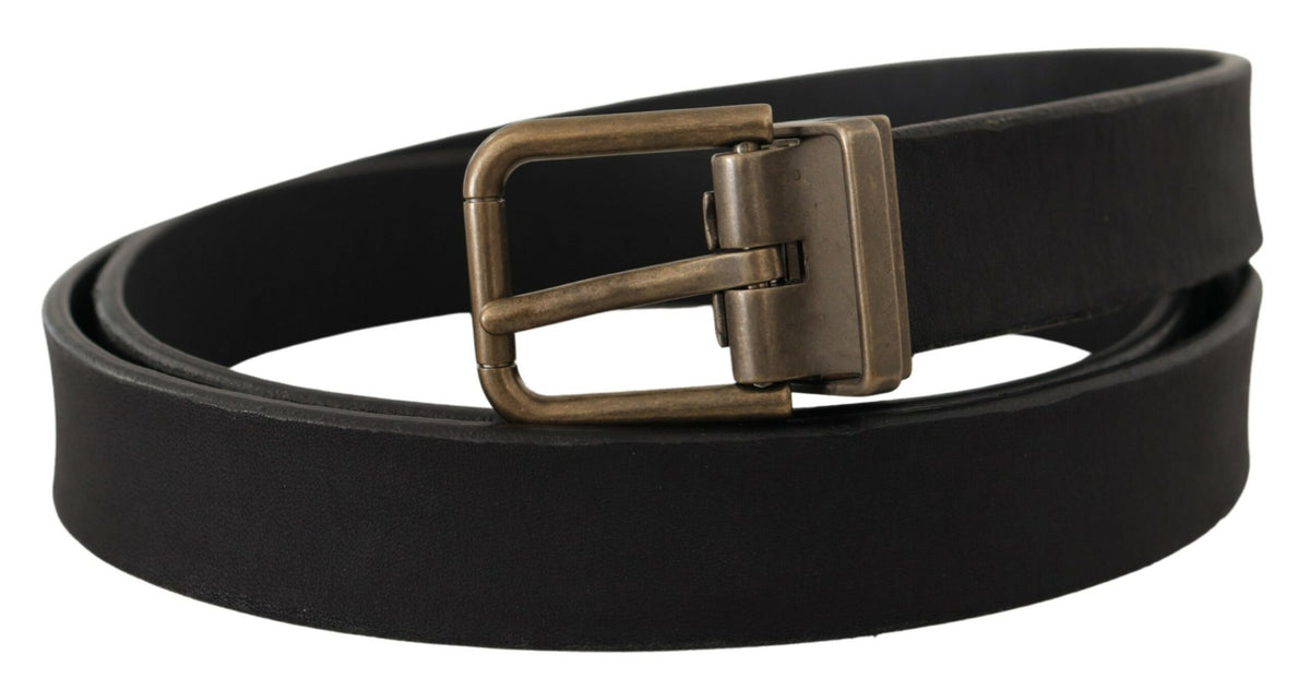 Dolce & Gabbana Black Leather Brass Metal Grain Buckle Classic Belt schwarz