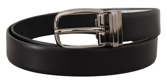 Dolce & Gabbana Black Leather Silver Metal Chrome Logo Buckle Belt schwarz