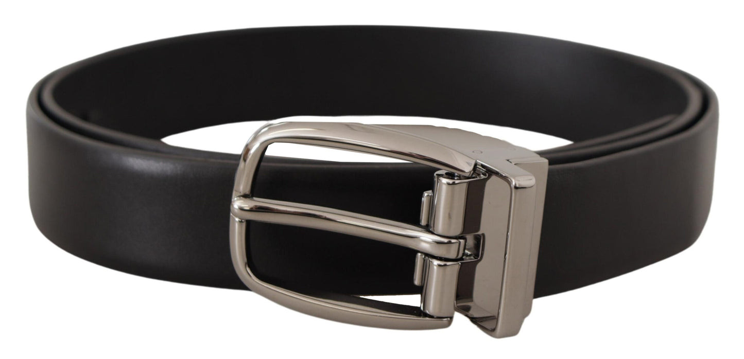 Dolce & Gabbana Black Leather Silver Metal Chrome Logo Buckle Belt schwarz