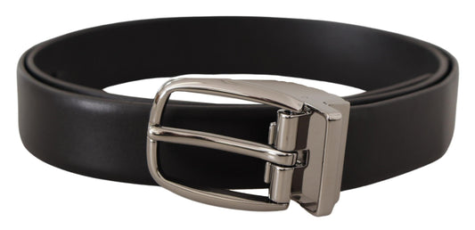 Dolce & Gabbana Black Leather Silver Metal Chrome Logo Buckle Belt schwarz
