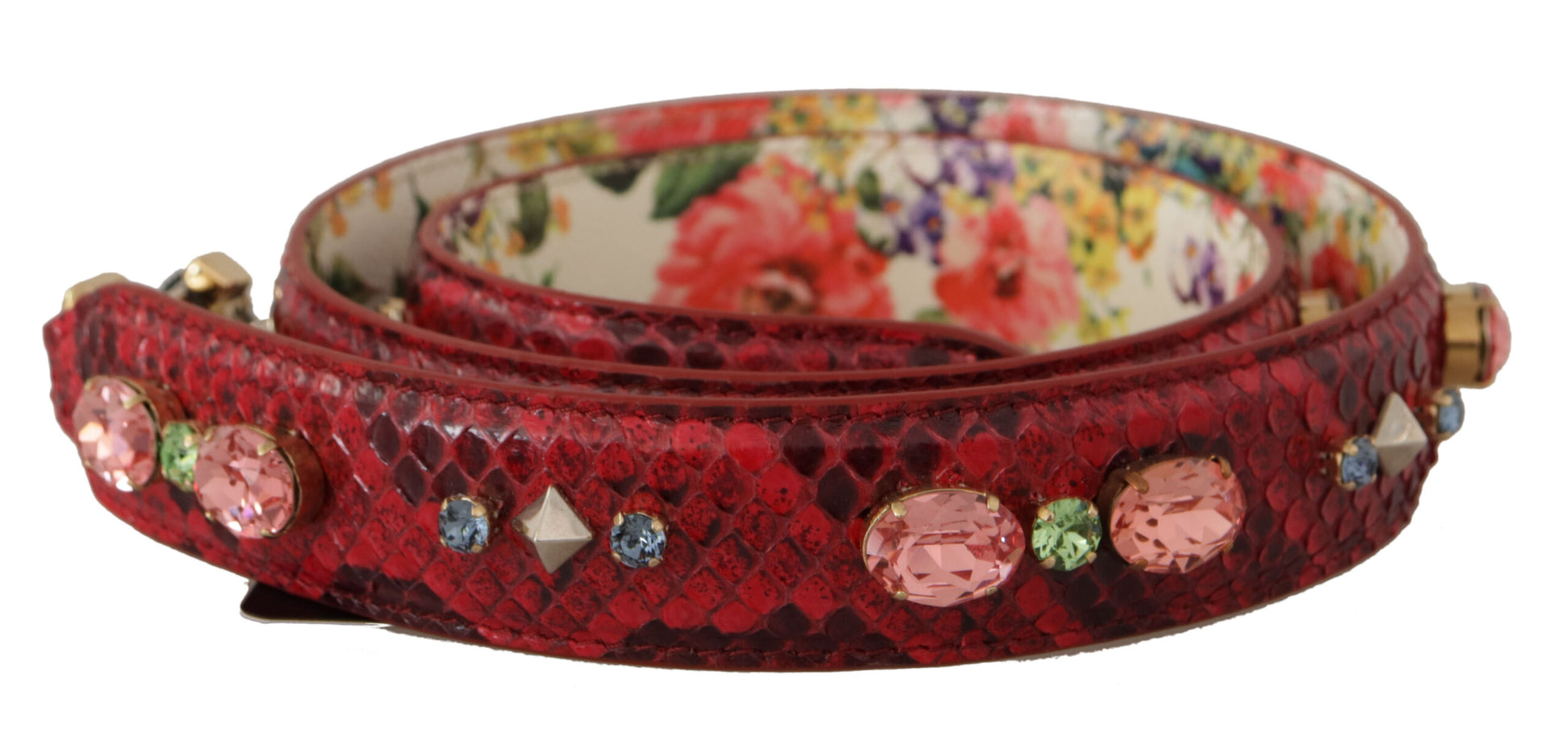 Dolce & Gabbana Red Exotic Leather Crystals Reversible Shoulder Strap Curated Luxury Accessories by Orvyn