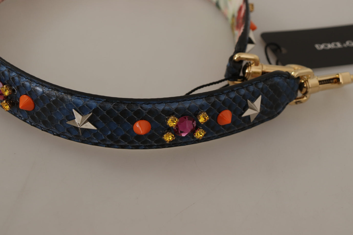 Dolce & Gabbana Blue Exotic Leather Crystals Reversible Shoulder Strap Curated Luxury Accessories by Orvyn