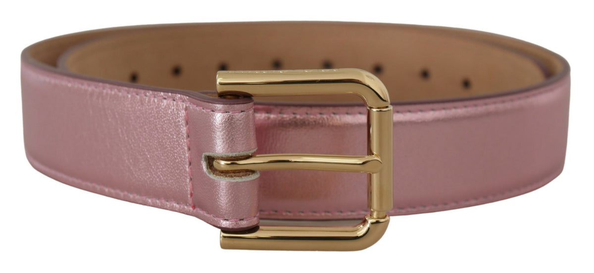 Dolce & Gabbana Metallic Pink Polished Leather Logo Metal Buckle Belt rosa