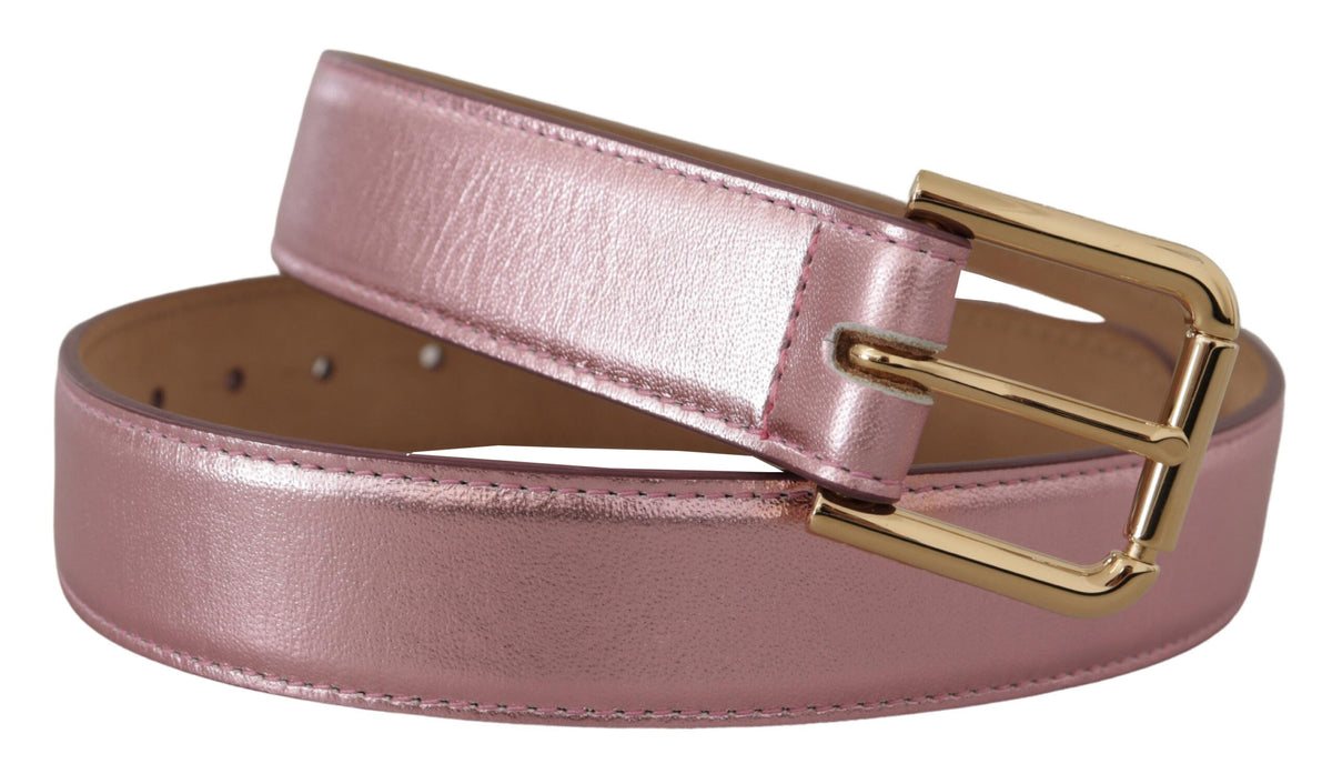 Dolce & Gabbana Metallic Pink Polished Leather Logo Metal Buckle Belt rosa