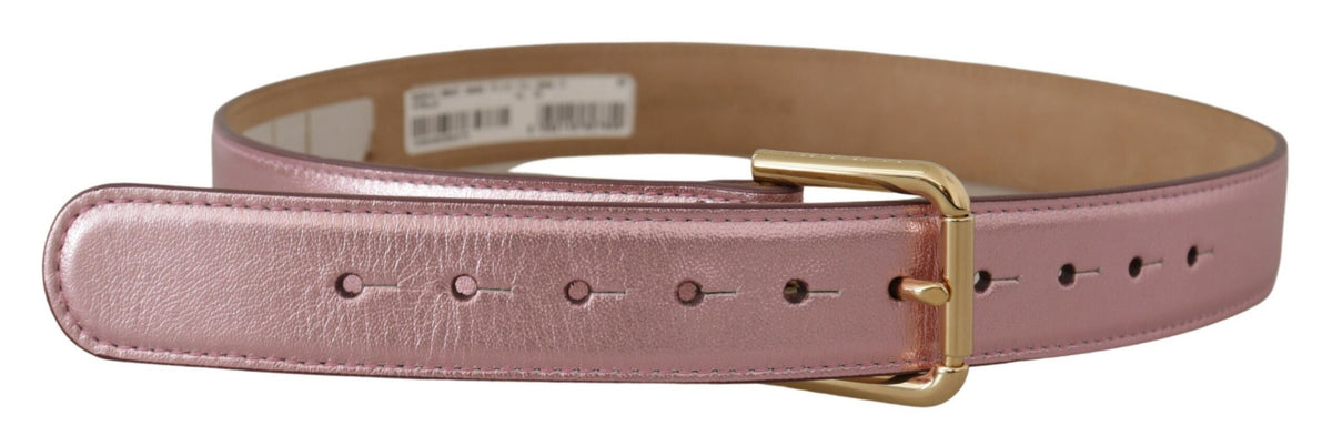 Dolce & Gabbana Metallic Pink Polished Leather Logo Metal Buckle Belt rosa