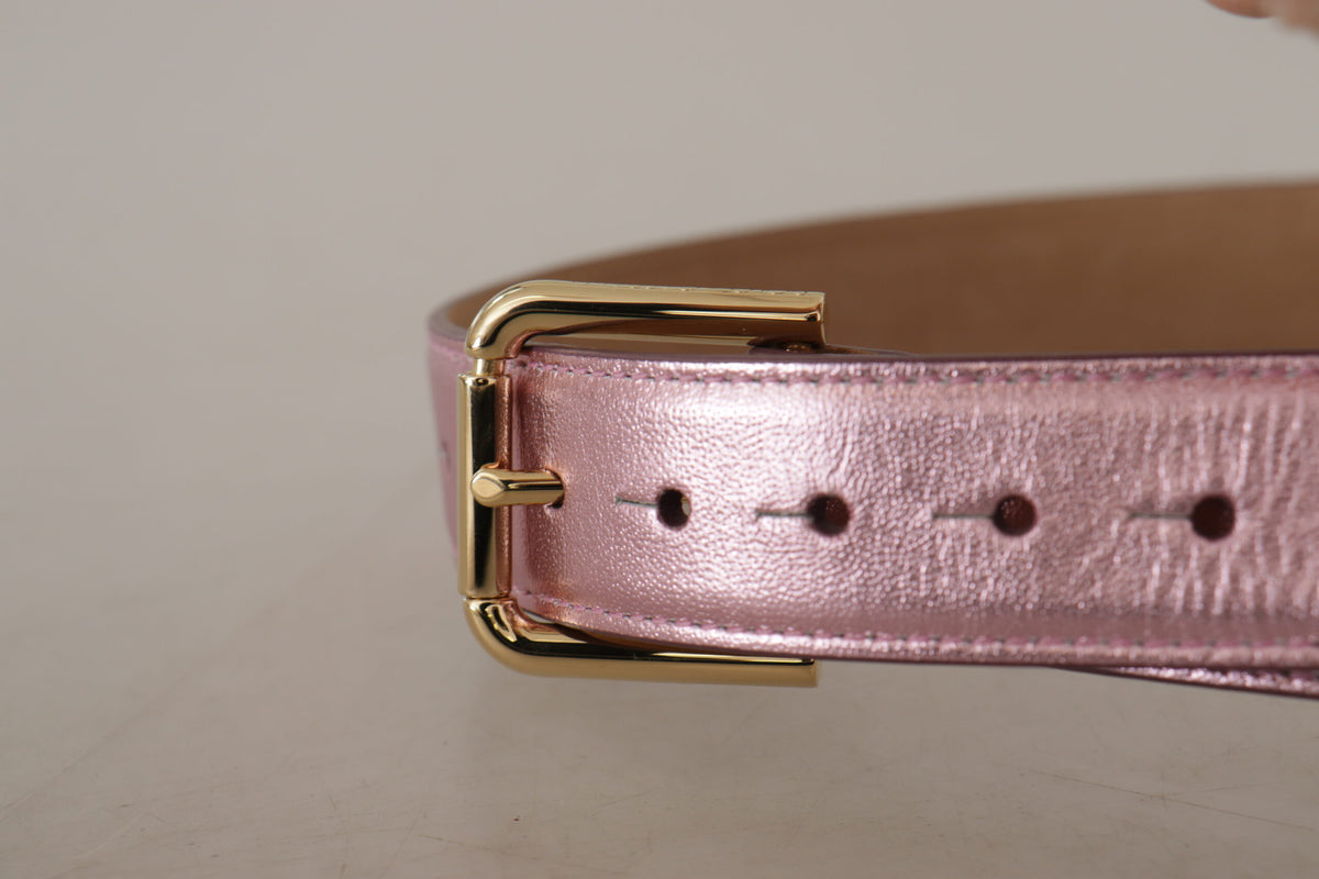 Dolce & Gabbana Metallic Pink Polished Leather Logo Metal Buckle Belt rosa