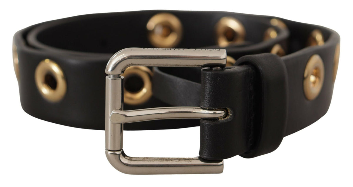 Dolce & Gabbana Black Leather Eyelet Silver Tone Metal Buckle Belt schwarz