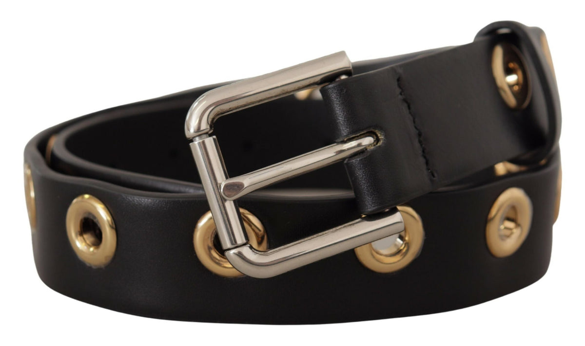 Dolce & Gabbana Black Leather Eyelet Silver Tone Metal Buckle Belt schwarz