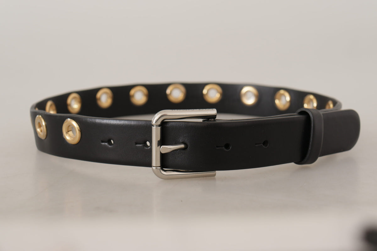 Dolce & Gabbana Black Leather Eyelet Silver Tone Metal Buckle Belt schwarz