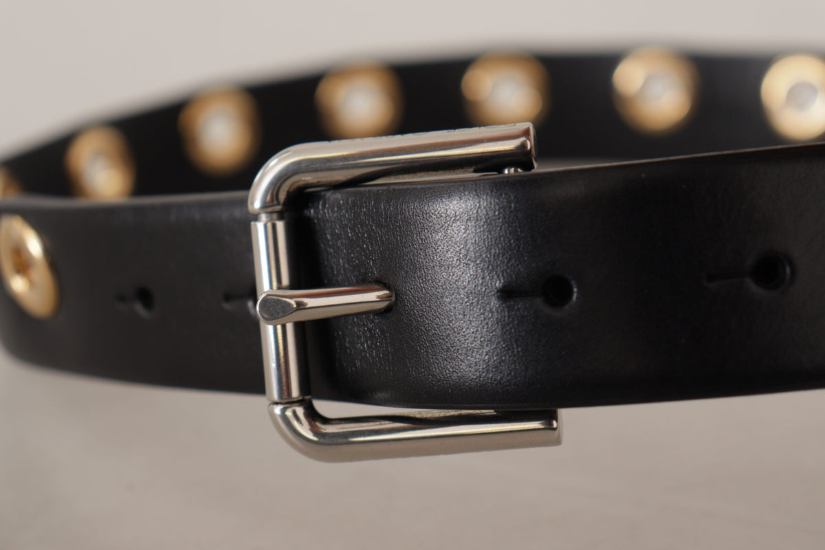Dolce & Gabbana Black Leather Eyelet Silver Tone Metal Buckle Belt schwarz