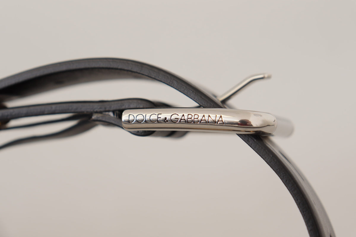 Dolce & Gabbana Black Leather Eyelet Silver Tone Metal Buckle Belt schwarz