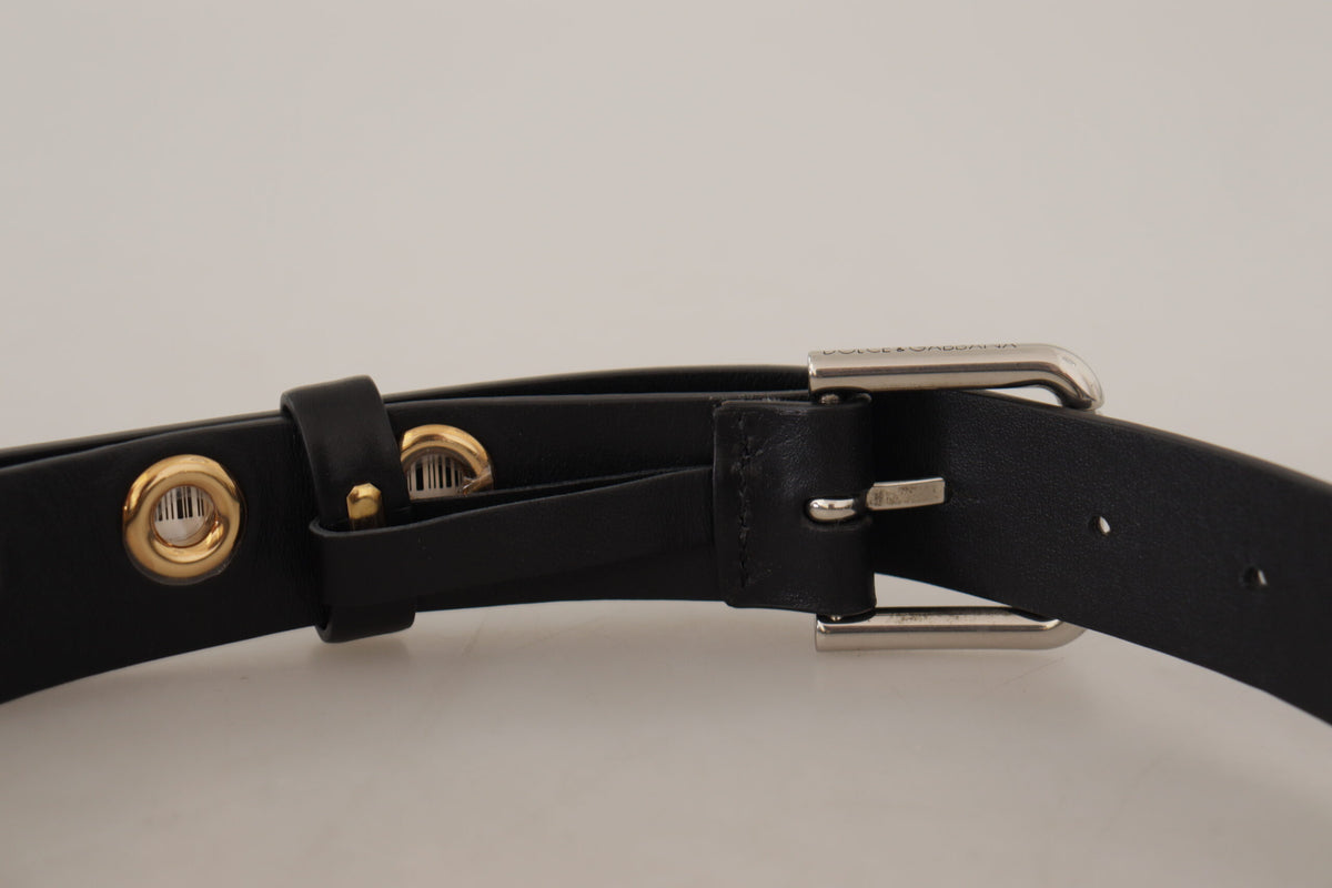 Dolce & Gabbana Black Leather Eyelet Silver Tone Metal Buckle Belt schwarz