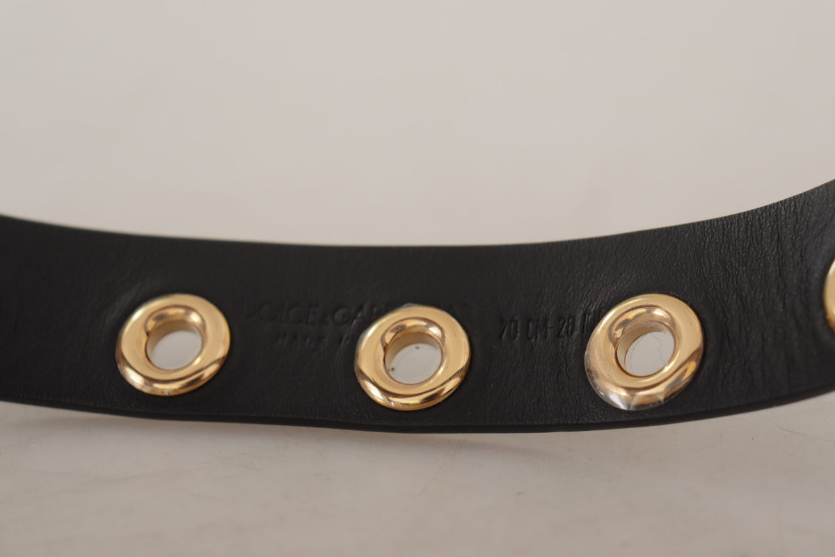 Dolce & Gabbana Black Leather Eyelet Silver Tone Metal Buckle Belt schwarz