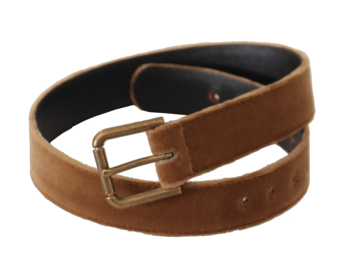 Dolce & Gabbana Brown Velvet Bronze Vintage Logo Metal Buckle Belt braun