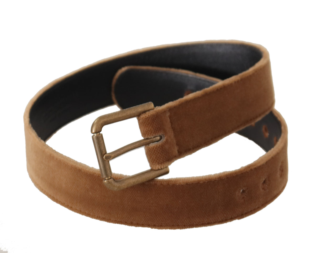 Dolce & Gabbana Brown Velvet Bronze Vintage Logo Metal Buckle Belt braun