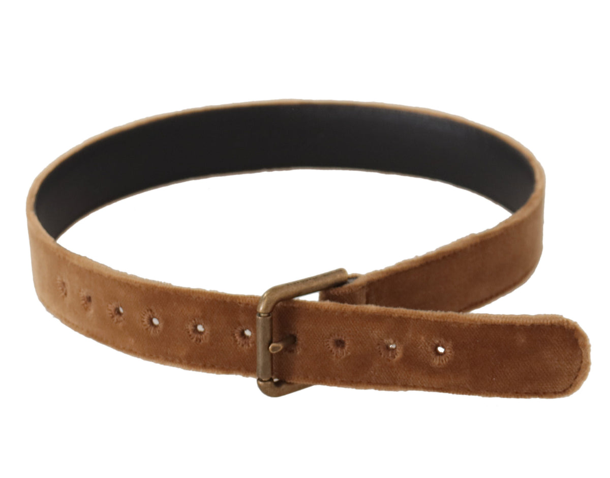Dolce & Gabbana Brown Velvet Bronze Vintage Logo Metal Buckle Belt braun